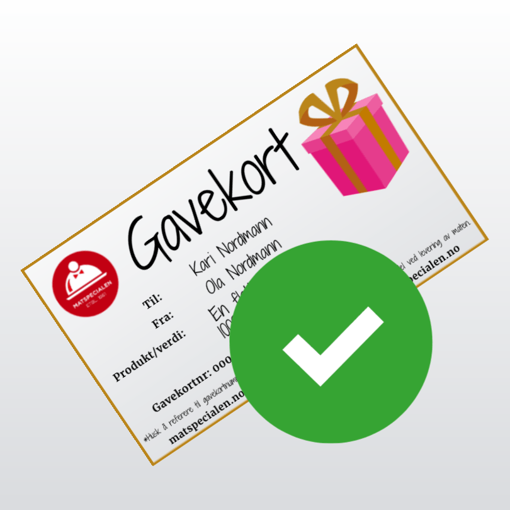 Bilde av et gavekort fra Matspecialen Catering. Et stilrent gavekort i digitalt eller papirformat, perfekt for å gi bort smakfulle cateringretter til enhver anledning.