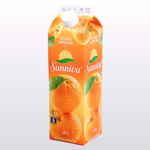 Bilde av en literskartong med appelsinjuice – fyldig og syrlig juice laget av solmodne appelsiner, perfekt til frokost, møter og arrangementer.