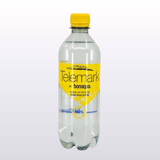 Bilde av en 0,5-liters flaske Telemark Sparkling Sitron – perlende mineralvann med en frisk smak av sitron, tappet fra kilden i Telemark.
