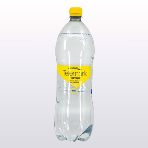 Bilde av en 1,5-liters flaske Telemark Sparkling Sitron – perlende mineralvann tappet fra kilden i Telemark, med en subtil og frisk smak av sitron.