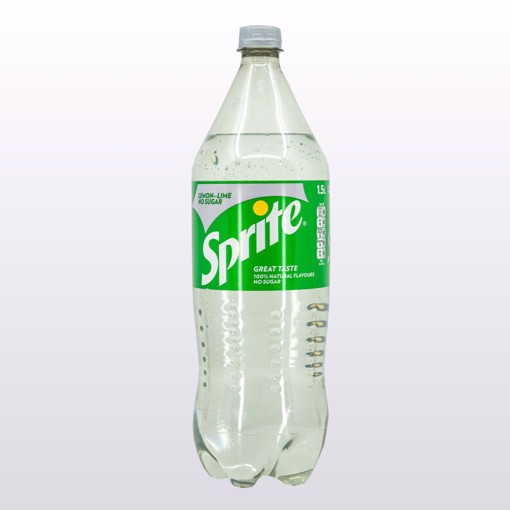 Bilde av en 1,5-liters flaske Sprite No Sugar – forfriskende sitron- og limebrus uten tilsatt sukker, med den samme sprudlende smaken.