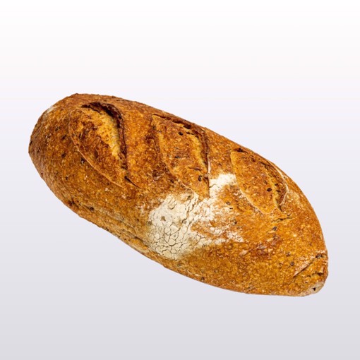 Bilde av Grovt Landbrød – et rustikt og saftig surdeigsbrød med fullkornsmel, frø og gryn, perfekt som tilbehør til måltider eller som en sunn brødvariant.
