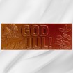 Sjokoladeplate med teksten God Jul! i melk- og karamellsjokolade på hvit bakgrunn