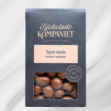 Bilde av Drasjerte Mais fra Sjokoladekompaniet – sprø, puffet mais overtrukket med sjokolade og en delikat glans. En perfekt balanse mellom søtt, salt og crunchy tekstur, ideell som en smakfull snack eller gave.