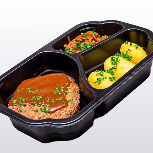 Oksekarbonader med stekt løk, brun saus og kokte poteter